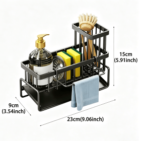 Black Metal Kitchen Sink Sponge Organizer Rack with Towel Holder Rust Free