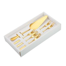 6pcs/set Cake Knife And Fork Set for Household & Commerial (Color: Gold, Type: With 2-tine Forks)