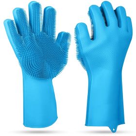 1 Pair Magic Silicone Brush Dishwashing Gloves Cleaning Sponge Pet Scrubber Heat Resistant Wash Gloves (Color: Blue, size: ONE SIZE)